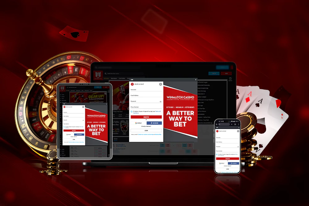 Winmatch mobile registration interface with feature highlights