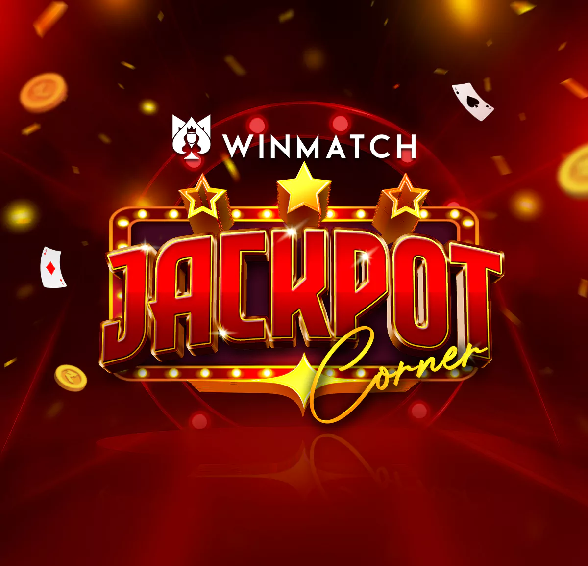 Winmatch Jackpot Corner banner with glowing red theme, gold coins, and star-lit bold typography.